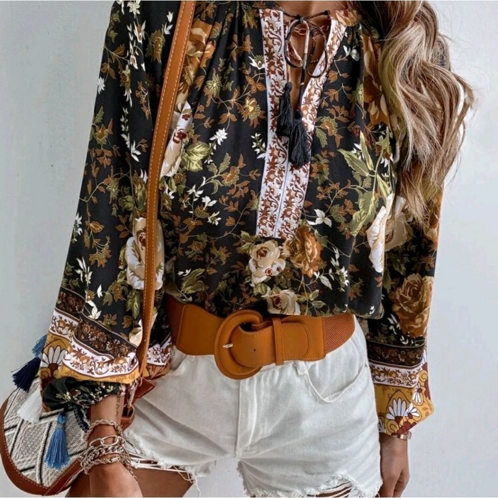 Floral Tie Neck Longline Blouse